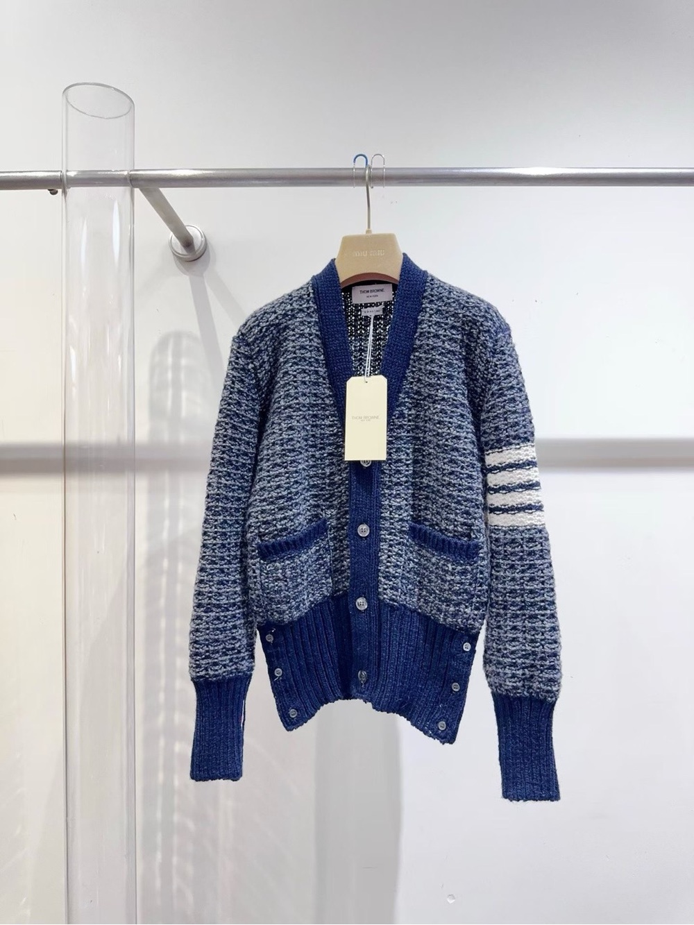 Thom Browne Navy and Light Blue Textured Waffle Cardigan